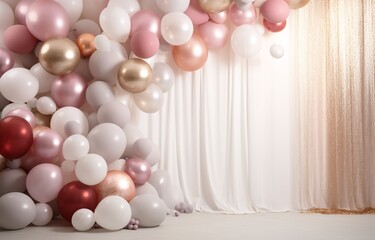 A large pile of balloons in various colors and sizes, with a white curtain in the background. Generative AI