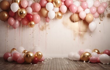 A wall covered in balloons and confetti Generative AI