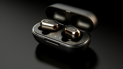 A sleek, wireless earbuds case mockup, in a matte finish, on a reflective black surface.