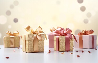 Golden Gift Boxes with Pink Ribbons and Gold Foil Generative AI
