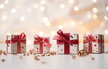 Three Gift Boxes with Red Bows and Gold Glitter Generative AI