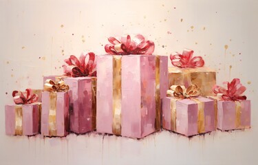 Pink Gift Boxes with Gold Ribbons Generative AI