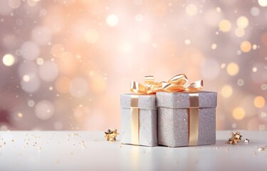 Two Gift Boxes with Gold Ribbons and Glittering Background Generative AI