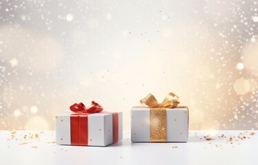 Two Gift Boxes with Gold Ribbons and Red Bows Generative AI