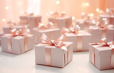 A collection of pink and white gift boxes with bows Generative AI