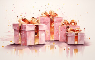 Three Pink Gift Boxes with Gold Bows Generative AI