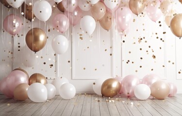 A room filled with balloons and confetti, with a gold and pink color scheme. Generative AI