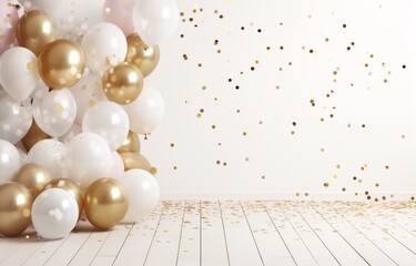 Golden Balloons and Confetti on White Wall Generative AI