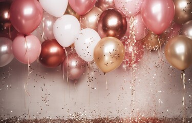 Golden and Pink Balloons with Glittering Confetti Generative AI