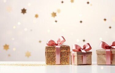 Two Pink Presents with Gold Ribbons and Glittering Stars in the Background Generative AI