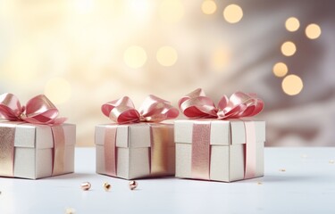 Three Pink Gift Boxes with Gold Ribbons Generative AI