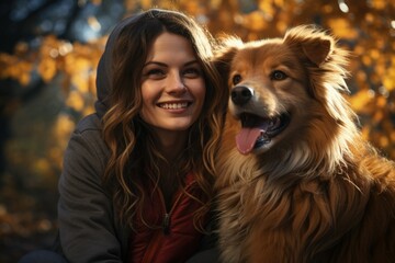 Autumn Joy: Woman and her fluffy dog enjoying golden autumn vibes, portraying companionship and happiness.