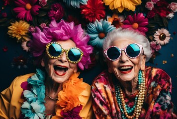 Two Elderly Women Wearing Sunglasses and Flower Hats Generative AI