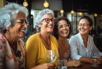 Four women laughing and smiling at a restaurant Generative AI