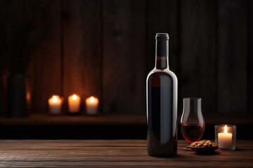 An empty wine bottle mockup with a glossy label, on a dark oak table with ambient lighting.