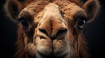  a close up of a camel's face looking at the camera with a serious look on it's face.