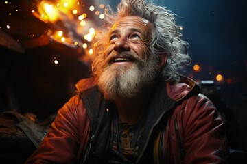Euphoric Man with Sparklers: A bearded man gazes upward, joy reflected in his eyes, as he is surrounded by the magic of sparklers at night.