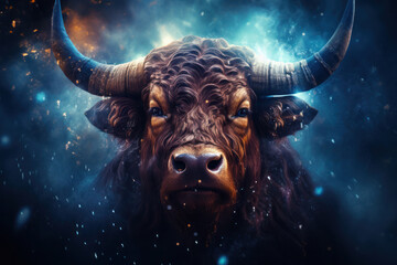 The majestic face of a bull emerges from a cosmic backdrop - obrazy, fototapety, plakaty