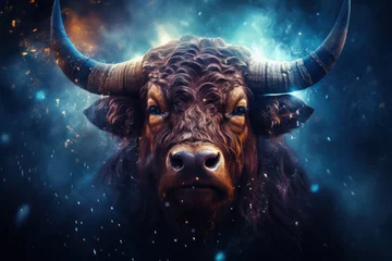 Foto op Plexiglas The majestic face of a bull emerges from a cosmic backdrop © Mirador