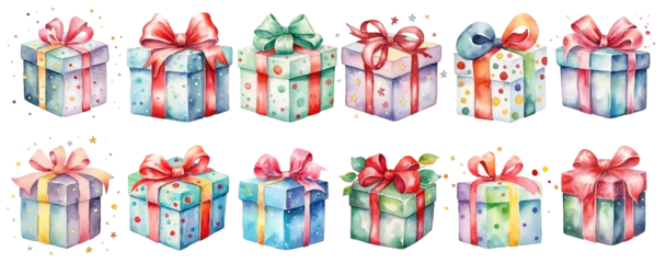 Fototapeten Set of colorful watercolor gift boxes with bows and ribbons on transparent background © Tida