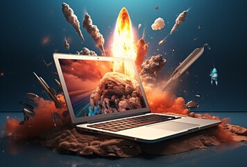 A laptop computer with an explosion in the background Generative AI