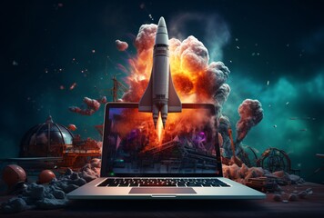 A rocket launching from a computer screen Generative AI - obrazy, fototapety, plakaty
