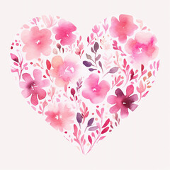 Pink watercolor heart made of flowers for Valentine's day, wedding, or romance.
