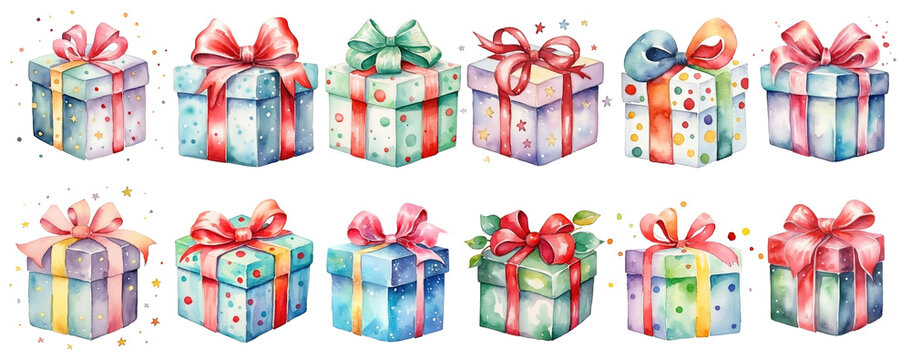 Set of colorful watercolor gift boxes with bows and ribbons on transparent background