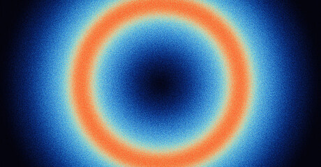 Abstract grainy background glowing color gradient blue orange red vibrant circle ring frame noise texture black banner, poster design