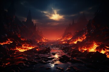 Volcanic Apocalypse: Fiery lava flows in dystopian landscape, ominous skies, surreal, end-times scenario