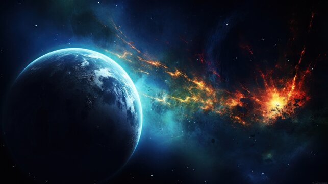  an image of a space scene with a planet in the foreground and a star in the middle of the image.