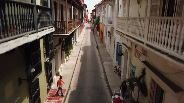 Cartagena, Colombia. Drone Shot of The old town of Cartagena. Fly through the narrow street of the city of Cartagena. High quality 4k footage.
