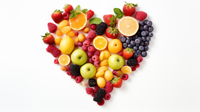 Fundo com diversas frutas formando um coração, mostrando a importância dos alimentos para uma boa nutrição e para saúde