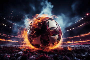 Soccer ball engulfed in flames of fire and ash. Generative AI