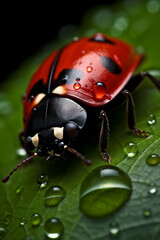 Obraz premium a mesmerizing close-up of a vibrant ladybug perched delicately on a dew-covered leaf created with Generative Ai