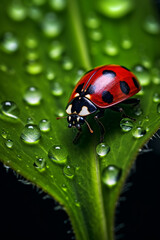 Fototapeta premium a mesmerizing close-up of a vibrant ladybug perched delicately on a dew-covered leaf created with Generative Ai