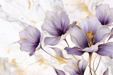 Obraz na płótnie Canvas Graphic Gold line spring crocus abstract pattern on marbled pale watercolor look background