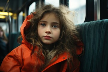 Thoughtful Girl in Orange Coat on Bus