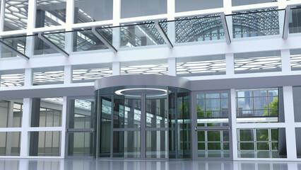 Entrance mall revolving door and glass storefront. 3d illustration