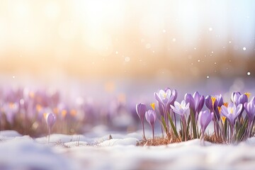 spring flowers in the snow - obrazy, fototapety, plakaty