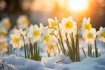 spring flowers in the snow - obrazy, fototapety, plakaty