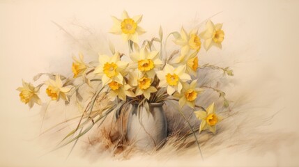  a painting of yellow daffodils in a gray vase on a beige background with long grass in the foreground.