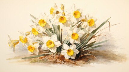 a painting of a bouquet of daffodils on a white background with grass and flowers in the foreground.