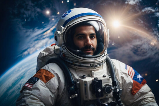 Cosmonaut explorer floating in open space with planet earth in the background