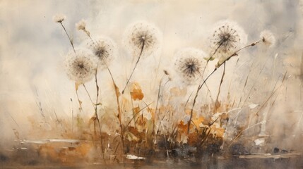  a painting of a bunch of dandelions blowing in the wind in front of a white cloud filled sky.