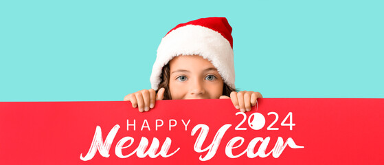 Greeting banner for Happy New Year 2024 with cute little girl in Santa hat