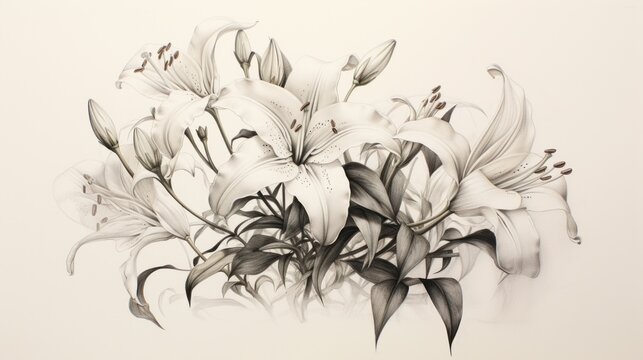  a drawing of a bunch of white flowers on a white background with a black and white drawing of a bunch of white flowers on a white background.