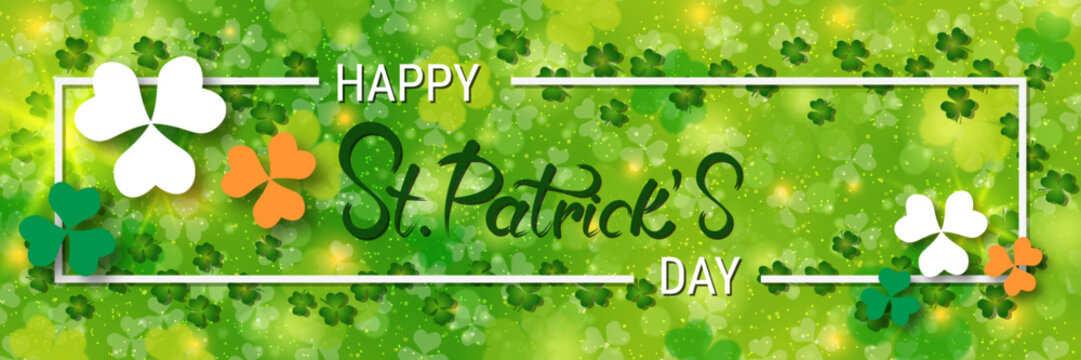 St.Patrick's Day vector banner template. Elegant background with colorful clover leaves
