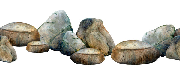 Stones grey smooth on bottom seamless border. Watercolor illustration of underwater ocean brown rocks on white background