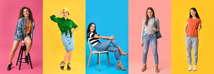 Set of fashionable women in modern clothes on color background